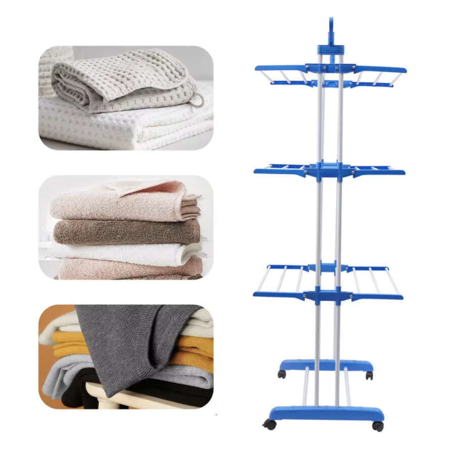 Drying Folding Rail 4-Tier Clothes Horses Rack Stainless Steel Laundry Garment Dryer Stand W 2 Side Wings