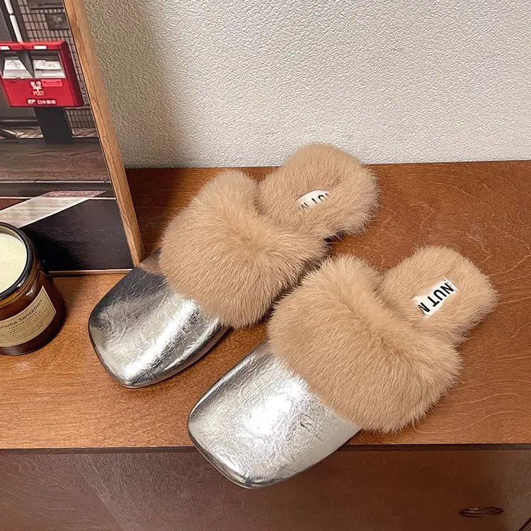 Fur mule shoes womens slippers warm home apartment cotton shoes 2024 winter trend fashionable flip cover casual plush Zapatos women 241213