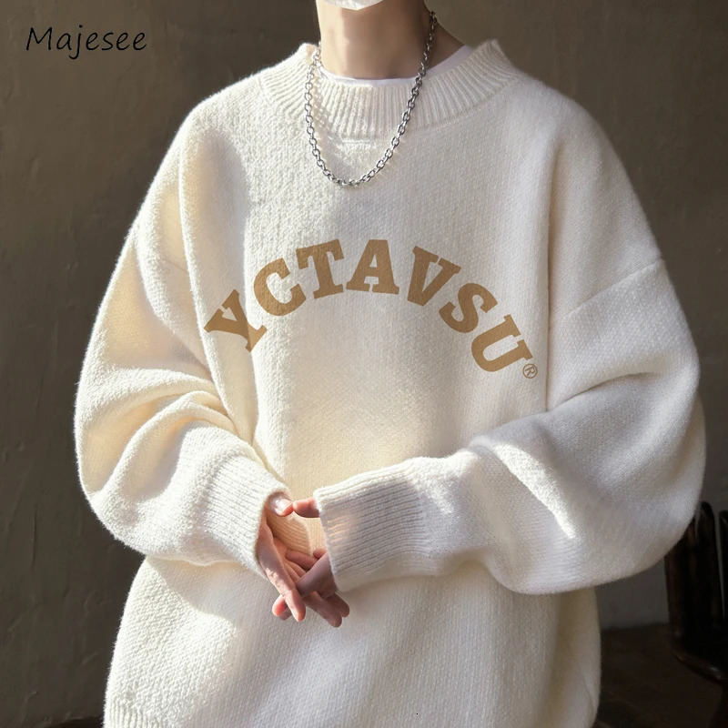 Men's Cozy Japanese Style Letter Knit Sweater - Long Sleeve Pullover For Autumn & Winter