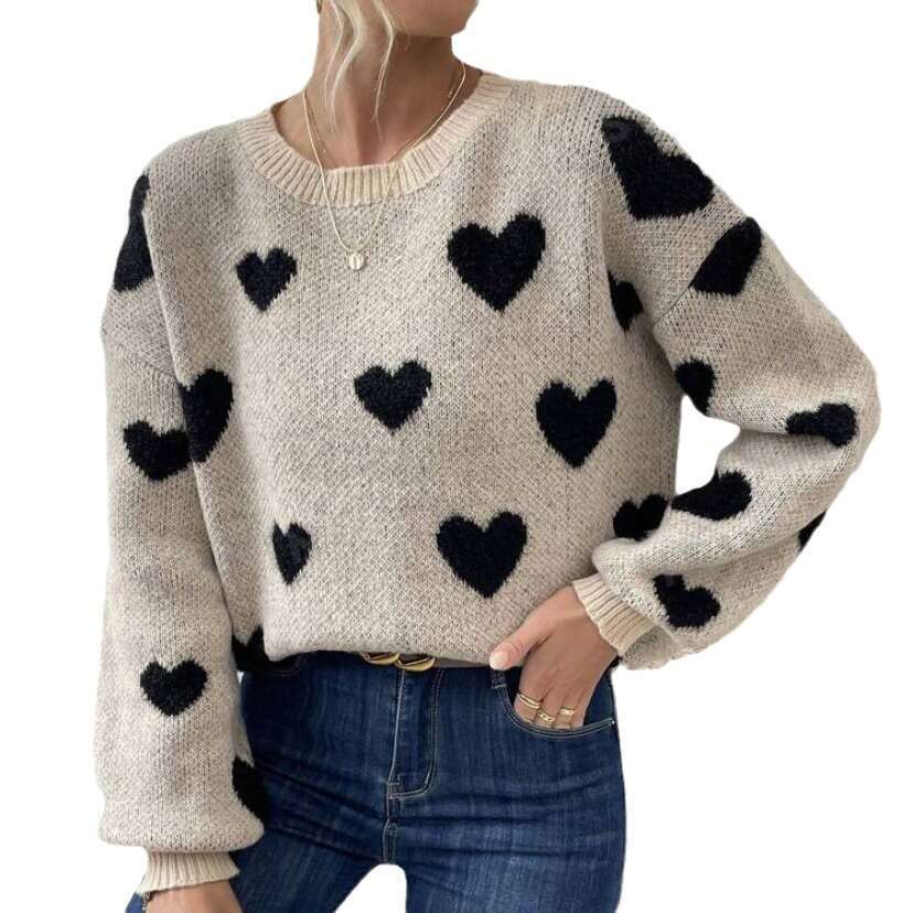 European And American Round Neck Pullover Versatile Love Contrasting Color Loose Casual Knitted Long Sleeved Shirt Slimming Clothes Autumn Women