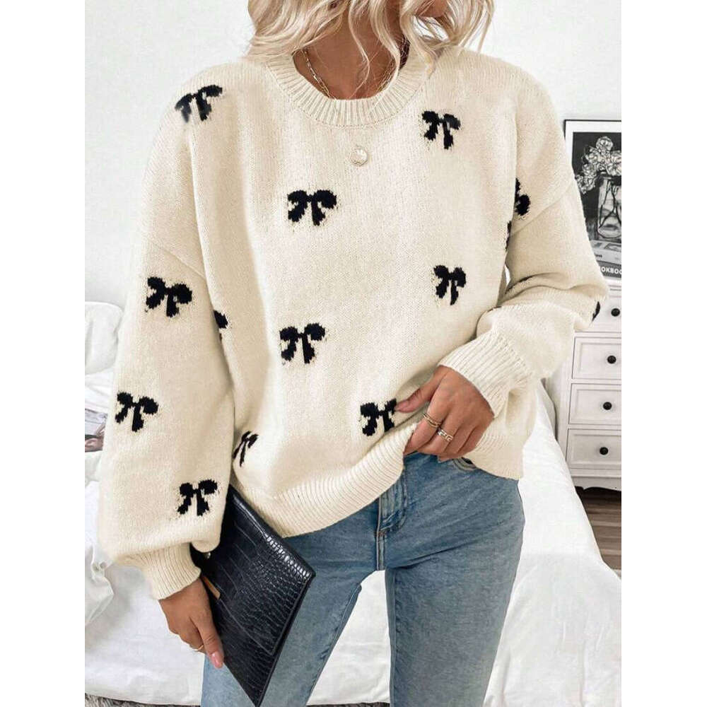 European And American Independent Station Bow Jacquard Clothes Autumn Simple Design Sense Women's Sweater
