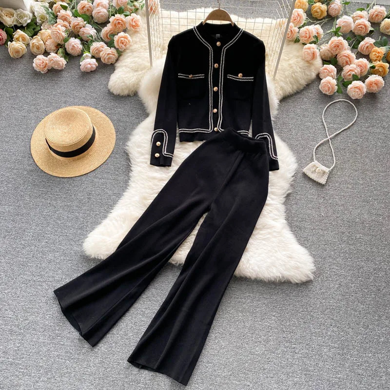 Autumn womens pants set sportswear solid color casual round neck knitted cardigan jacket high waist loose wide leg Trouser 2 pieces 241212
