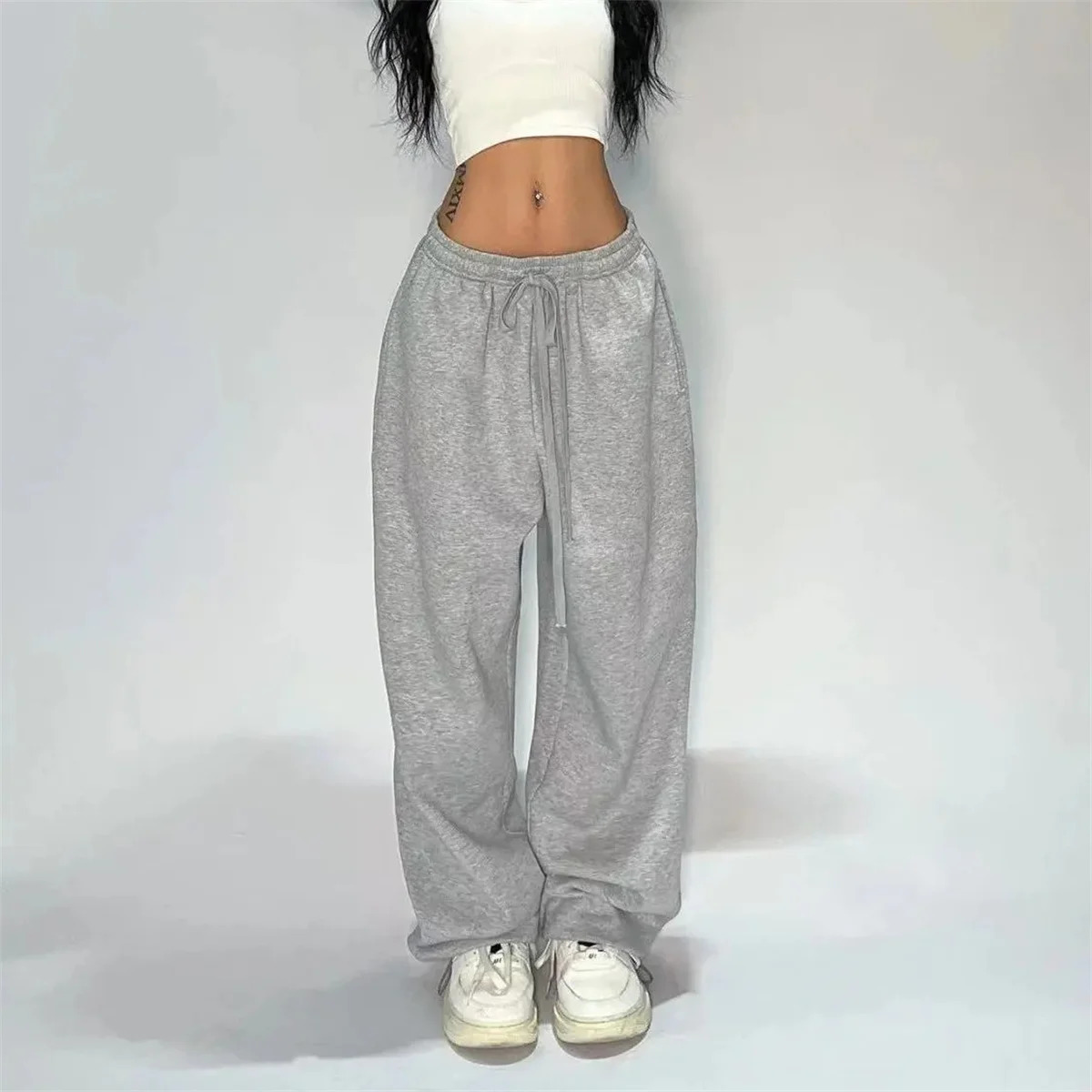 Solid loose sports pants for women wide leg Y2K American retro jogger pocket hiphop oversized Trouser streetwear 241212