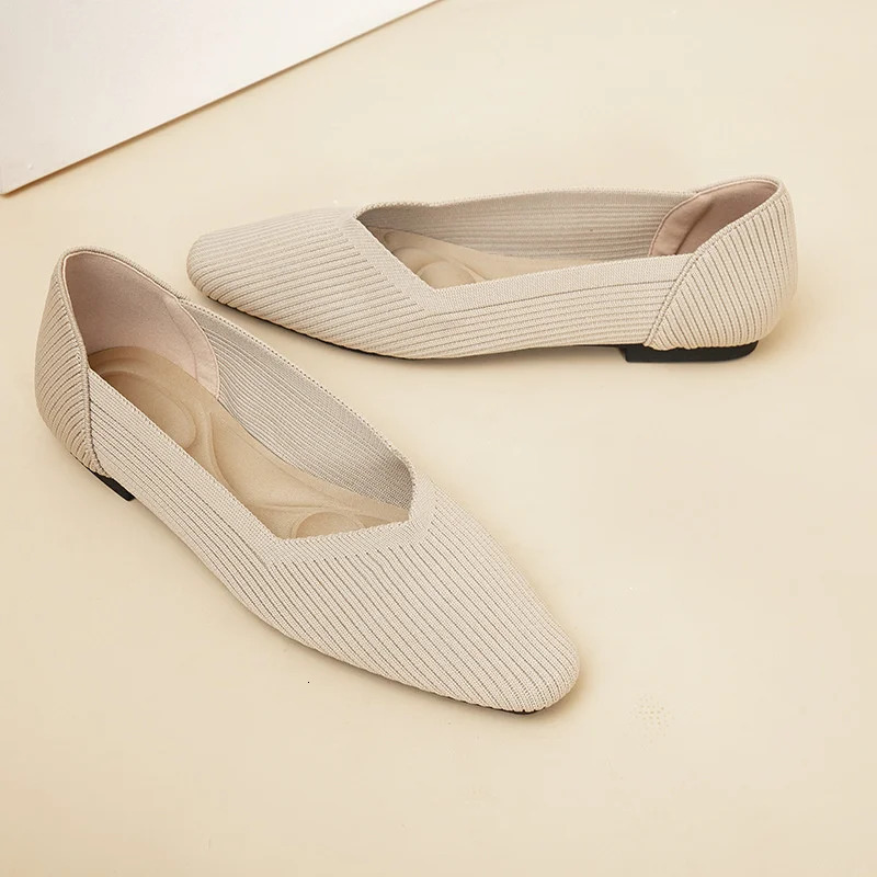 Womens shoes square toe knitted flat shoes 2024 spring fashionable and beautiful rubber sole anti slip shallow casual walking shoes 241213
