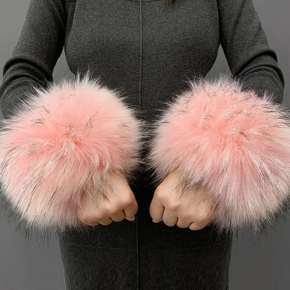 Womens artificial fur cuff wristband winter warm arm raccoon sleeve glove wrist fluffy 241212