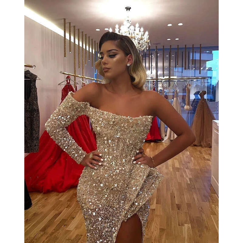 Glitter Aso Ebi Arabic Gold Reflective Prom Mermaid High Split Evening Dresses Sequined Formal Party Second Reception Gowns