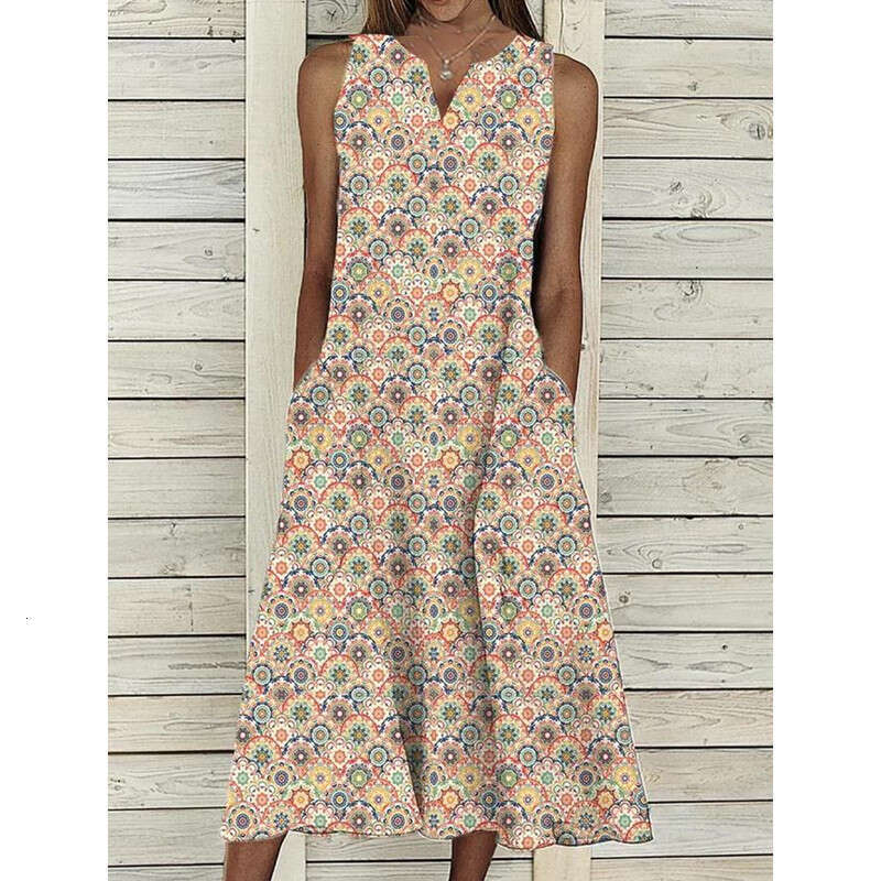 European and American summer digital print V-neck ral long loose sleeveless women's dress 2024 new casual versatile fashion clothing