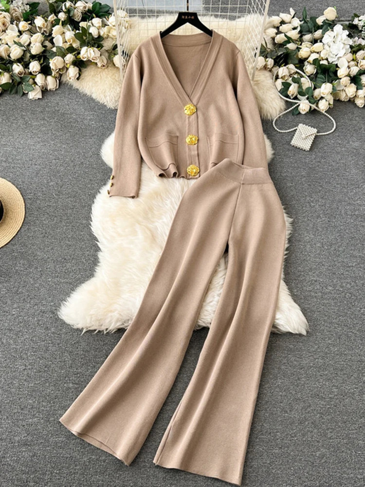 XFPV Women Casual Long Sleeved Cardigan Sweater Wide Leg Pants Knitted Twopiece Set Y2k Korean Fashion Autumn SM11439 241121