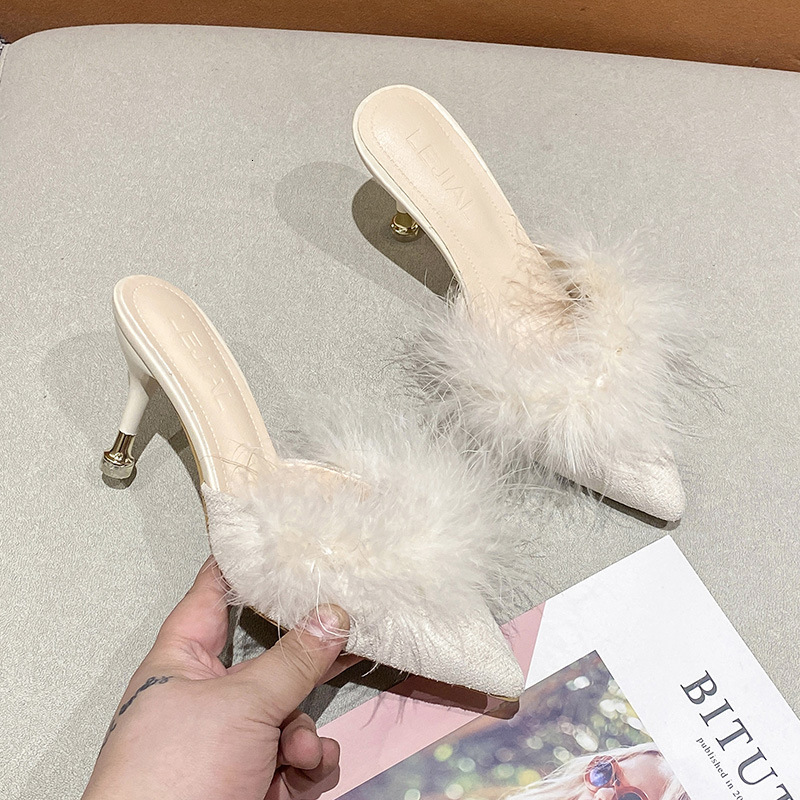 Hongtong High Slippers 2024 New Large Slim Heel Plush Pointed Sandals For Women