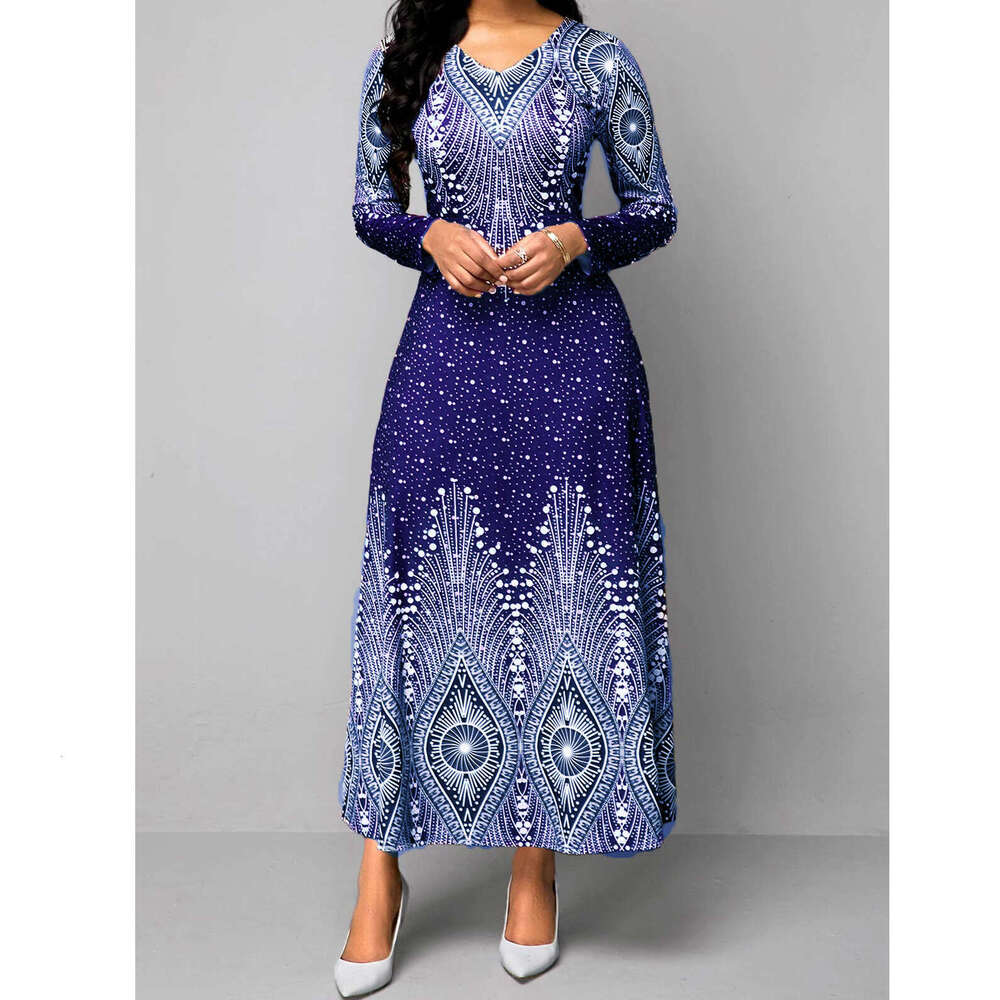 European American V-neck retro printed long sleeved Maxi dress Spring Autumn women's source 2024 new style chic and elegant clothing