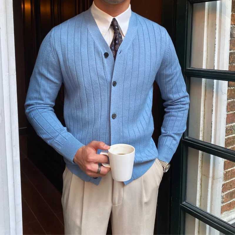 Japan Style Trend Autumn Cardigan Sweaters Men Clothing V-Neck Solid Button Business Casual Office Long Sleeve Slim Knitted Tops XJ250805