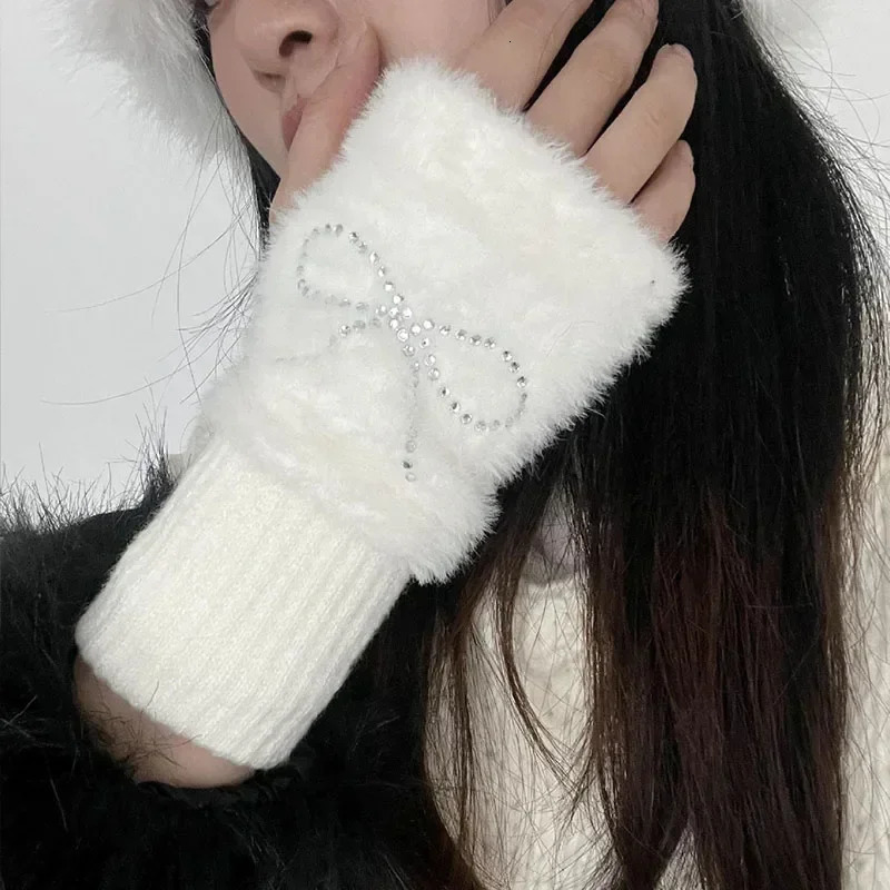 South Korean Bow Knitted Fur Gloves Sweet Y2K Winter Thick Cute Half Finger Lolita JK Accessories 241212