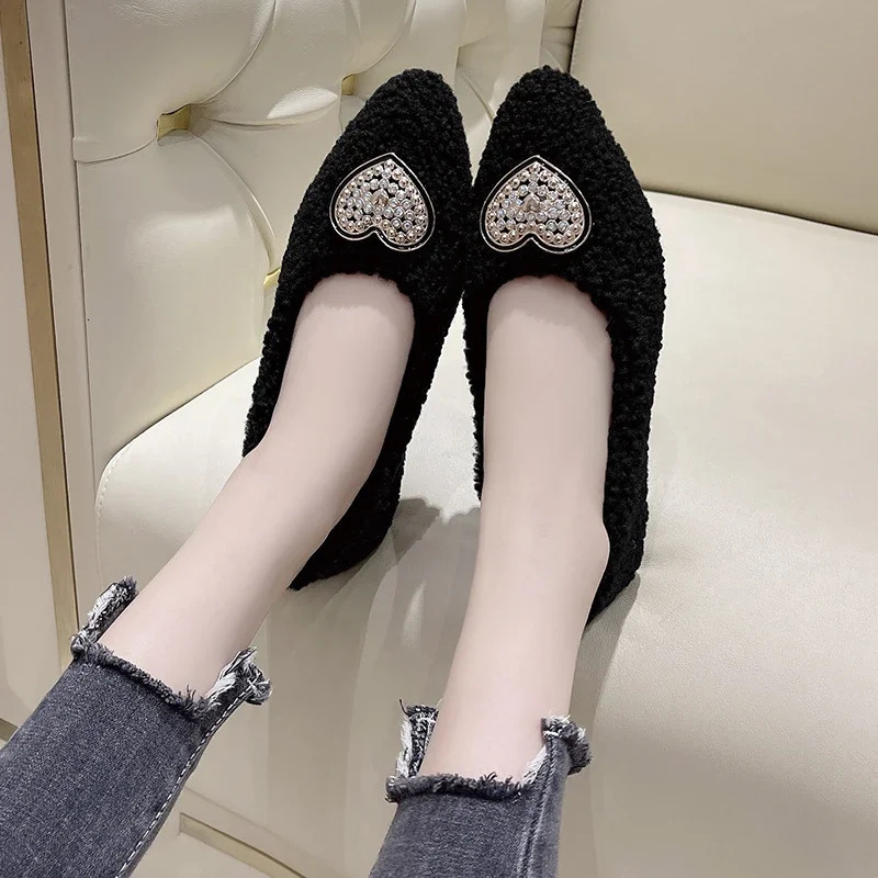 er Women Fur Warm Shoes Fashion Shallow Buckle Ladies Flats Shoes Pointed Toe Spring Autumn Womens Footwear 241213