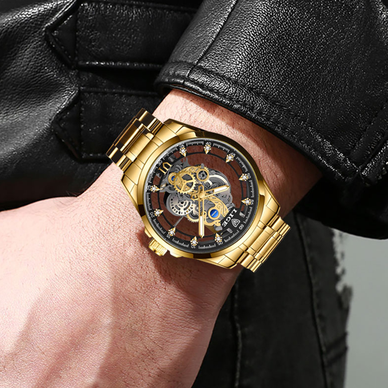 LIGE New Men Watch Skeleton Quartz Wristwatch Gold Skeleton Retro Man Watch Top Brand Luxury Clock Mens Watches Reloj