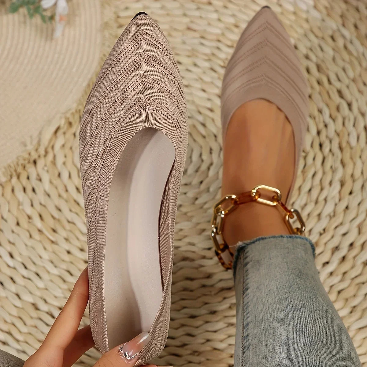 Pointed Toe Flat Boat Solid Color Knitted Slippers Casual Breathable Ballet Flat Womens Shoes Loafers Zapatos Mujer 2024 Tendencia 241213