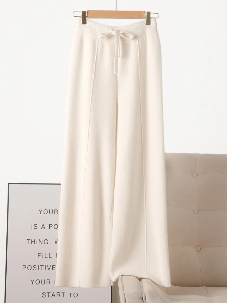 Womens 100 Merino Wool Knitted Wide Leg Pants Basic Soft in Autumn and Winter Cashmere Mens Casual Style Korean 241212