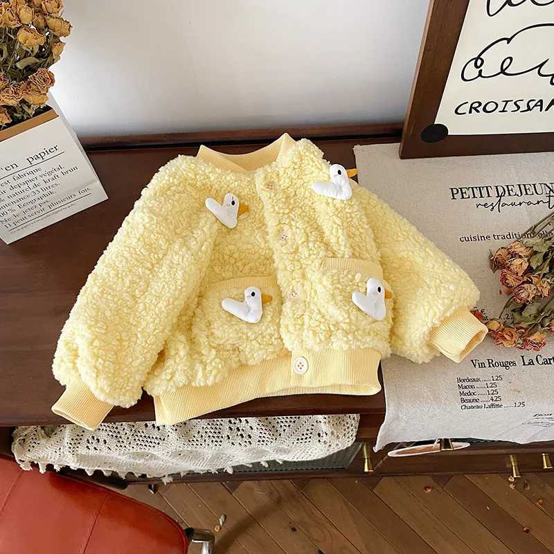 2024 Autumn Winter Children Girls Velvet Coat Little Duck Patched Hairy Fleece Baby Girls Jacket Solid Warm Kids Girl OuterwearsXJ241214
