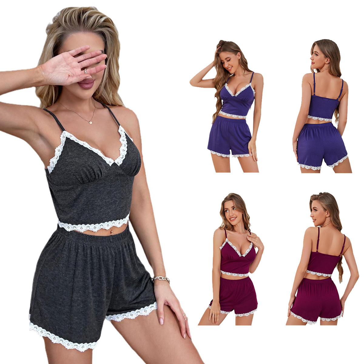 B584-Cross-border European and American pajamas women's summer V-neck suspenders lace sexy home clothes suit