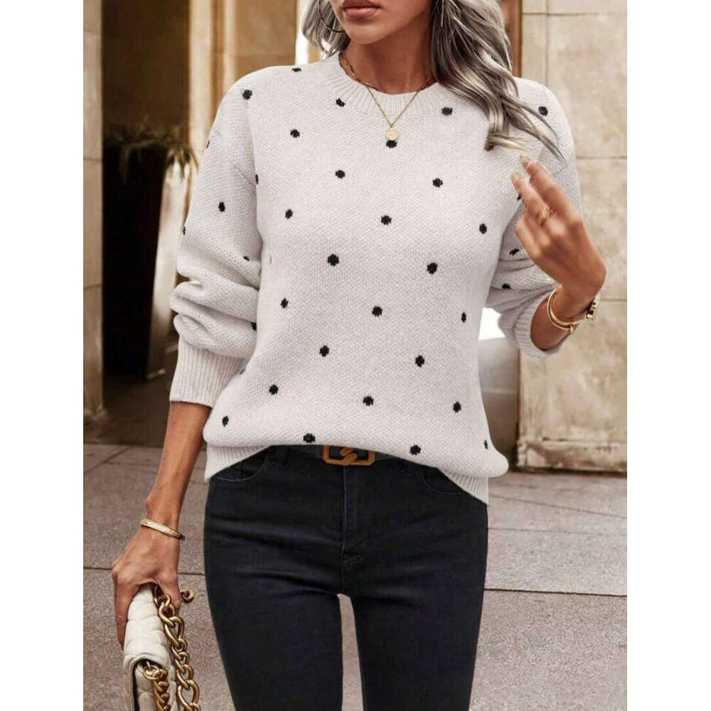 European And American Foreign Trade Fashion Round Neck Long Sleeved Pullover Clothes Autumn Women's Polka Dot Jacquard Knitted Sweater Top