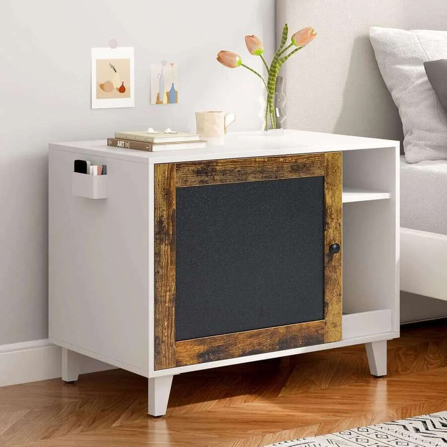 Modern Hidden Cat Litter Box Enclosure Furniture With Scratching Pad, White + Vintage Color Door Frame