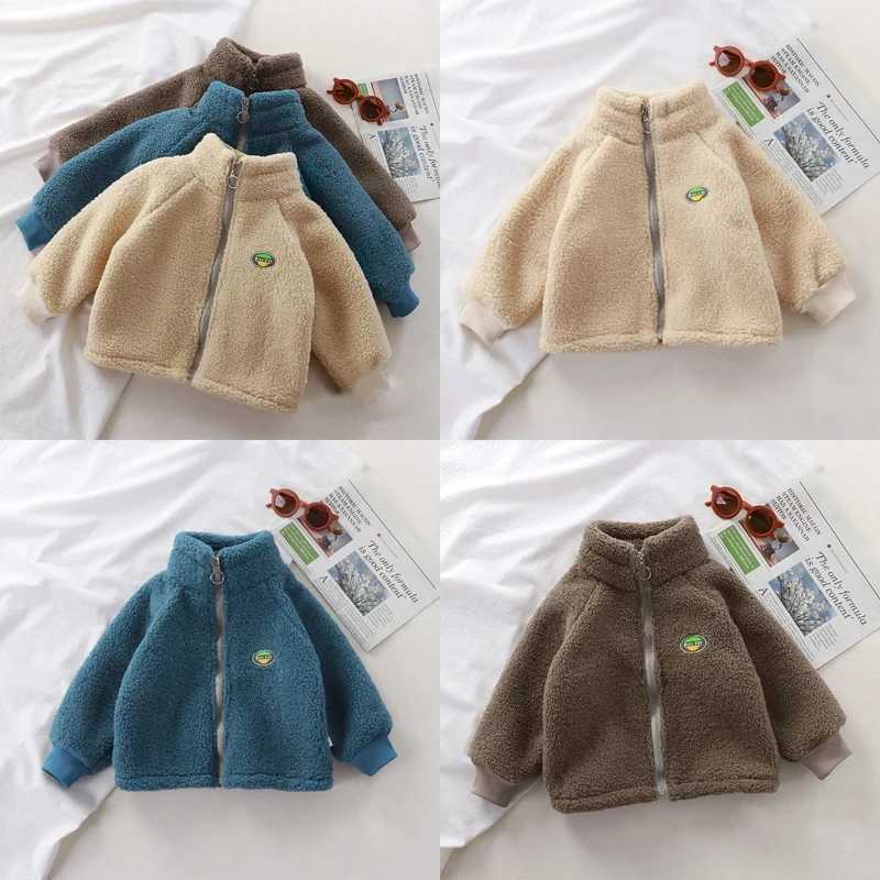 Autumn and Winter Childrens Coat Long-Sleeved Thickened Warm Lambswool Boys and Girls Solid Simple Casual Coral Fleece JacketXJ241214