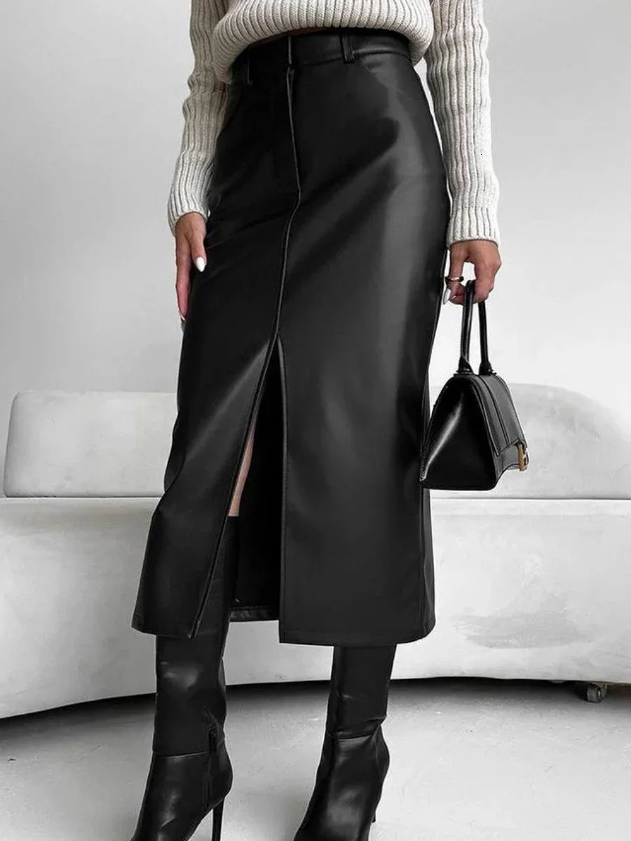 Wolfeel Retro Velvet PU Leather Skirt Split Womens Autumn/Winter Fashionable Office Lady High Waist Leather Skirt 241214