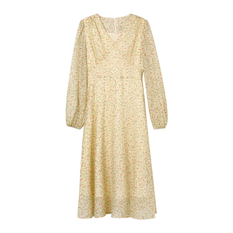 K223 All-match sweet floral dress for women, new spring style, elegant V-neck, long sleeves, slimming long dress