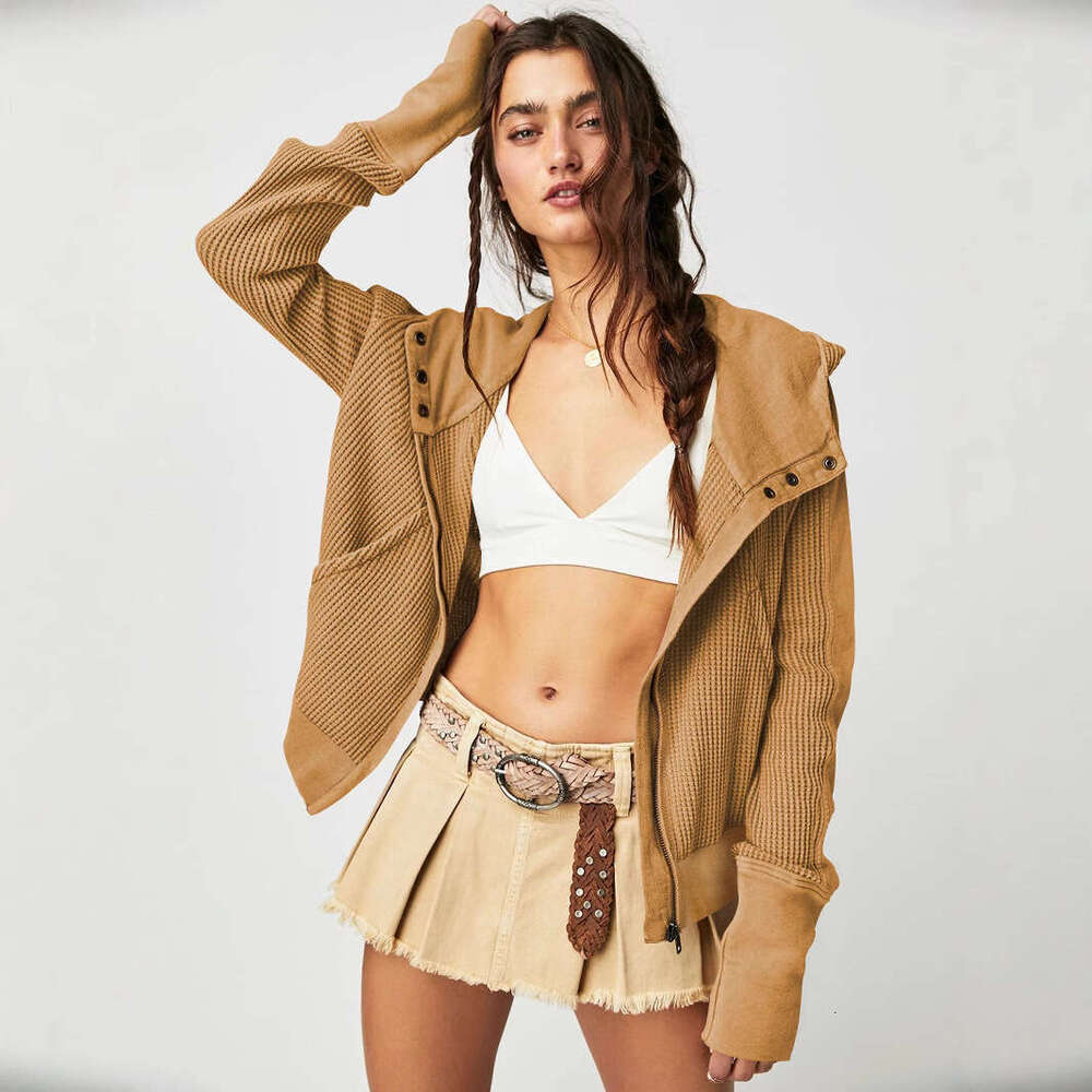 Jacket Splicing European And American Women's Hooded Lazy Style Zipper Hoodie Short Knitted Sweater Fashion Quality Classic
