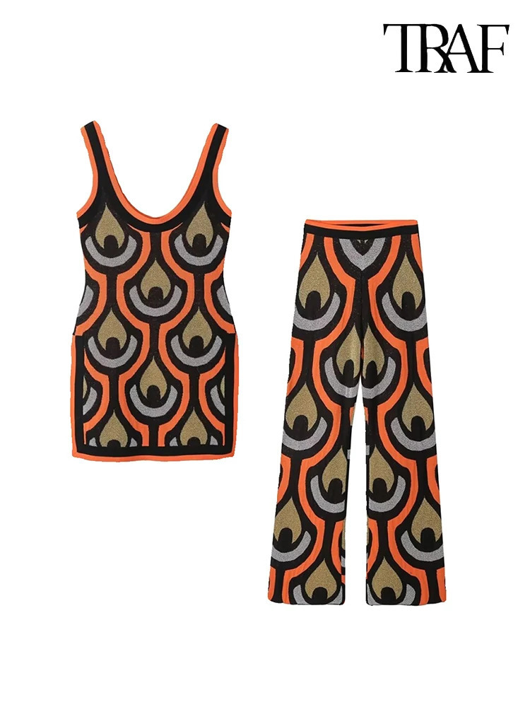 TRAF Womens Fashion Sleeveless Retro Printed Set Sexy High Slit Dress Straight Pants Two Piece Street Casual 241121
