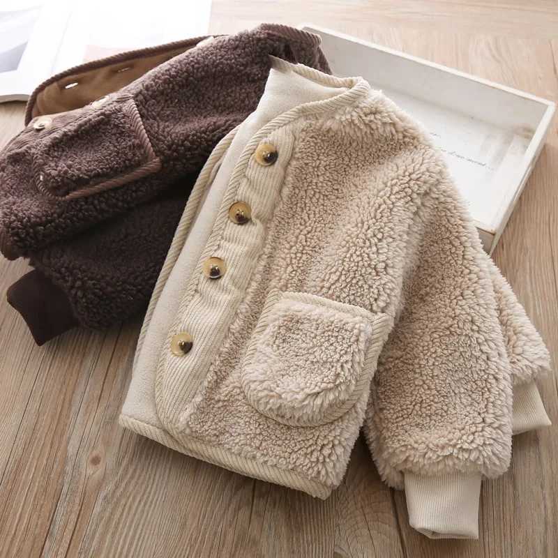 2024 Korean Boys Fall Winter Clothes For Girls Velvet Loose Lamb Velvet Warm Childrens Jacket Coat For Girls 0-5-year-oldXJ241214