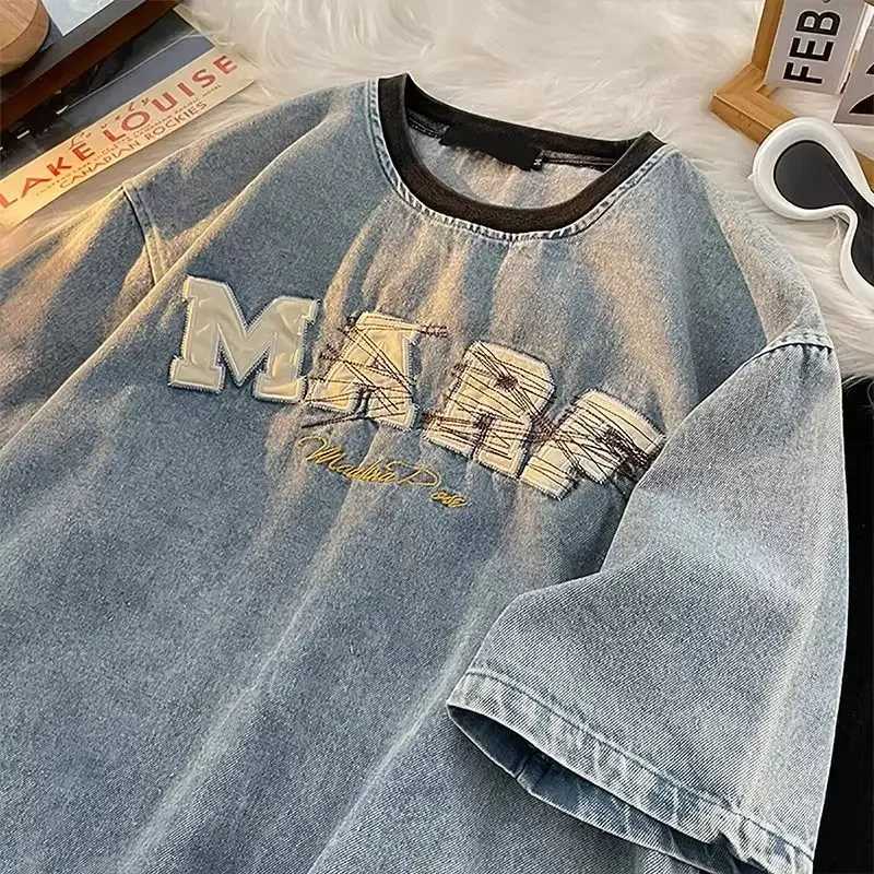 New style washed distressed denim short-sleeved mens loose summer heavy fashion brand pure cotton round neck T-shirt y2k tops W241216