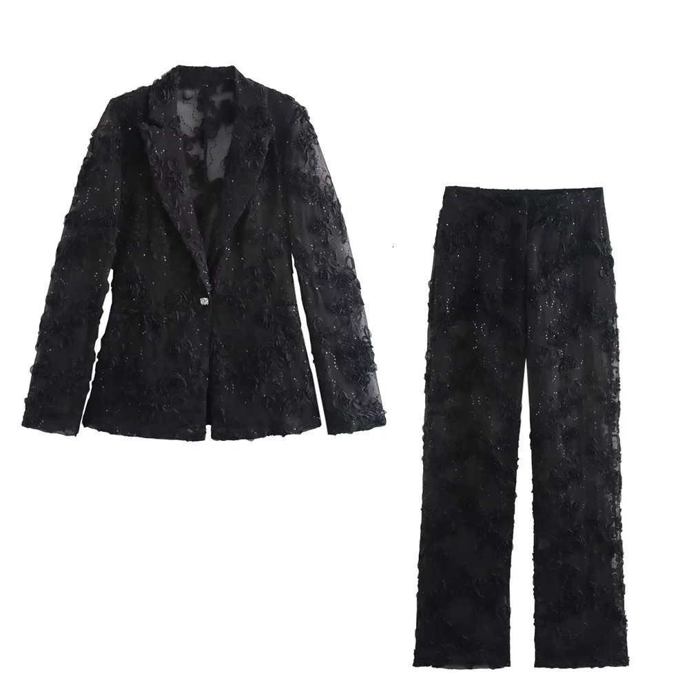 Traf Autumn Product Womens Collar Long Sleeve Embroidered Bead Decorative Texture Set Jacket High Waist Pants 241212