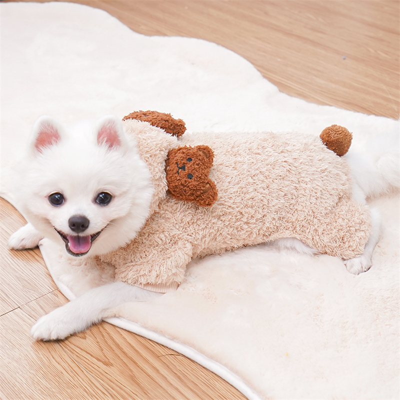 Winter Pet Apparel PlushThickened Warm Dog Jumpsuit Cute Bear Ear Four Legged Cats and Dogs Coat Coral Velvet Hoodie