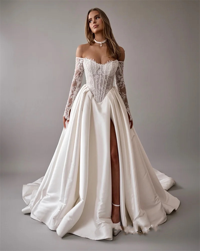 Elegant Bridal Dress Lace Appliques Wedding Off Shoulder Long Sleeves A e Gown Split Side Sweep Train Customized Dresses Vestido De Novia