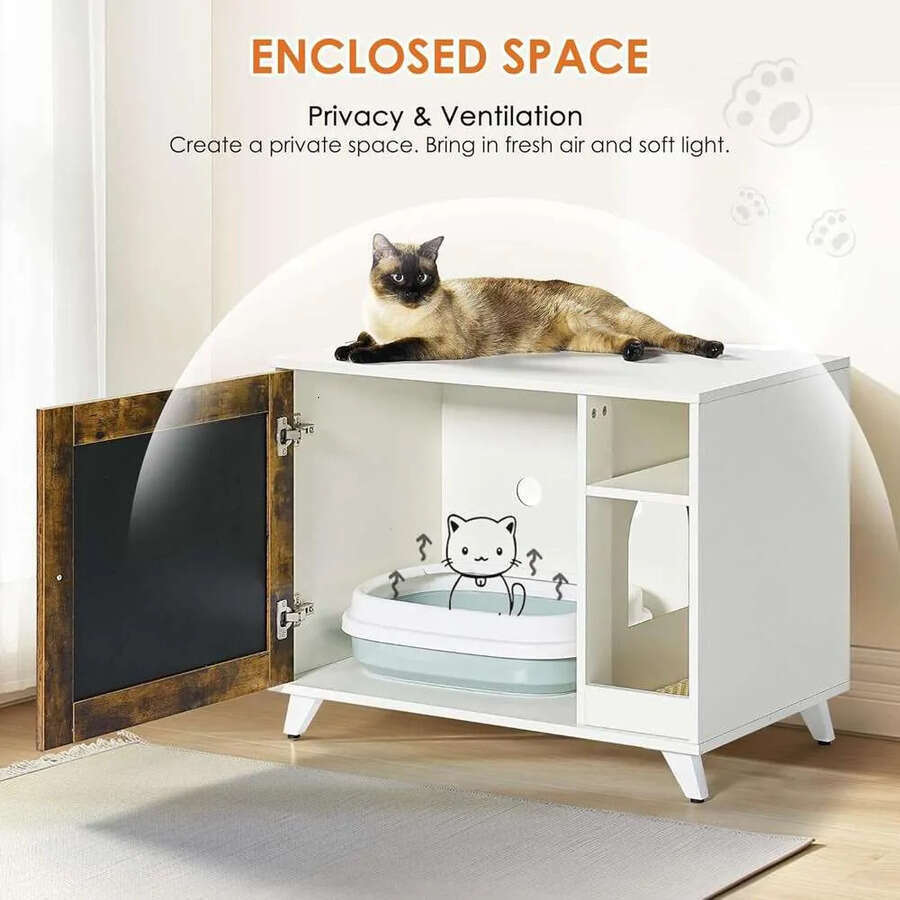Modern Hidden Cat Litter Box Enclosure Furniture With Scratching Pad, White + Vintage Color Door Frame