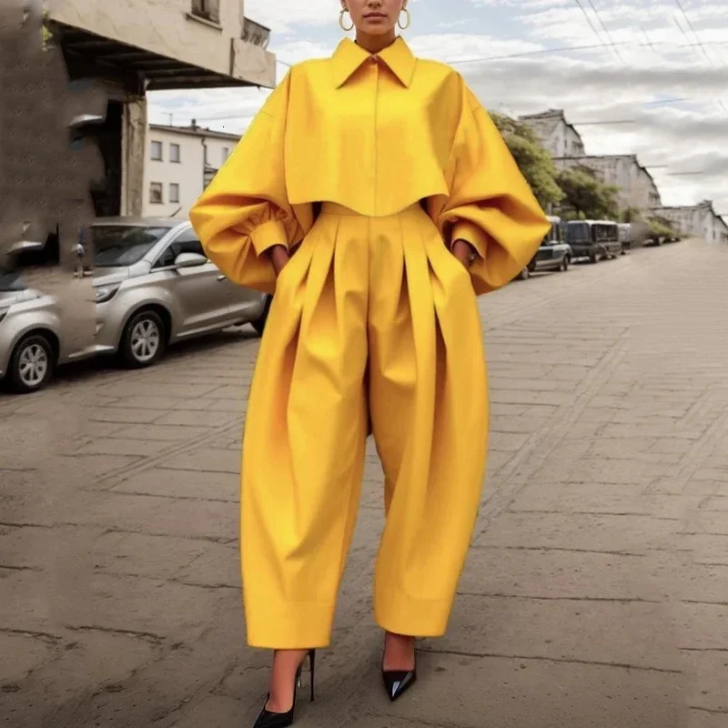 Beautyblue Elegant Womens Sets Yellow Two Piece Set Casual Buttoned Pleated Lapel Blouses Pockets Trousers Female Suit 241212
