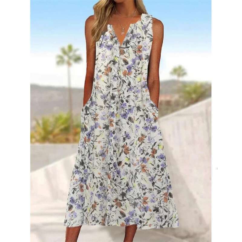 European and American summer digital print V-neck ral long loose sleeveless women's dress 2024 new casual versatile fashion clothing