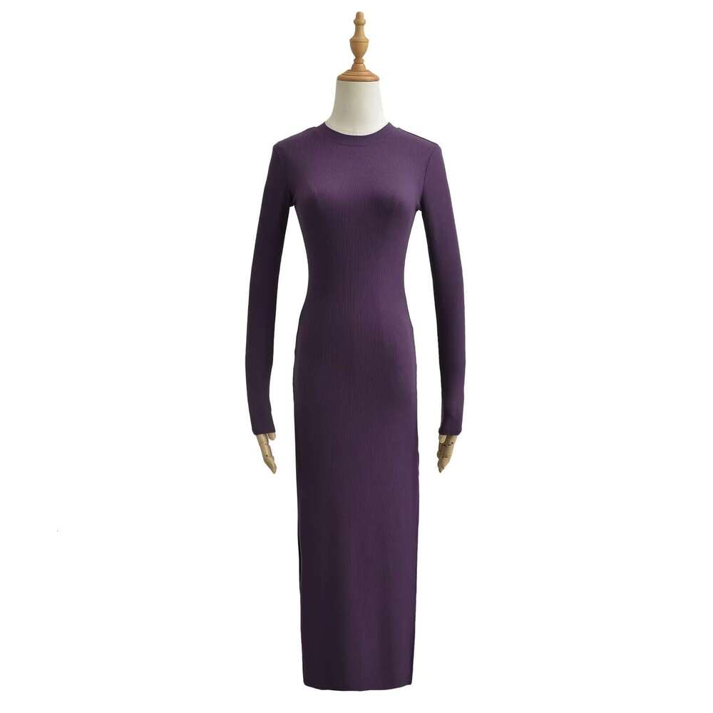 spicy girl small round neck elastic slim fit two side slit hip h skirt women's long sleeved tight bottom dress autumn 2024 new casual versatile f