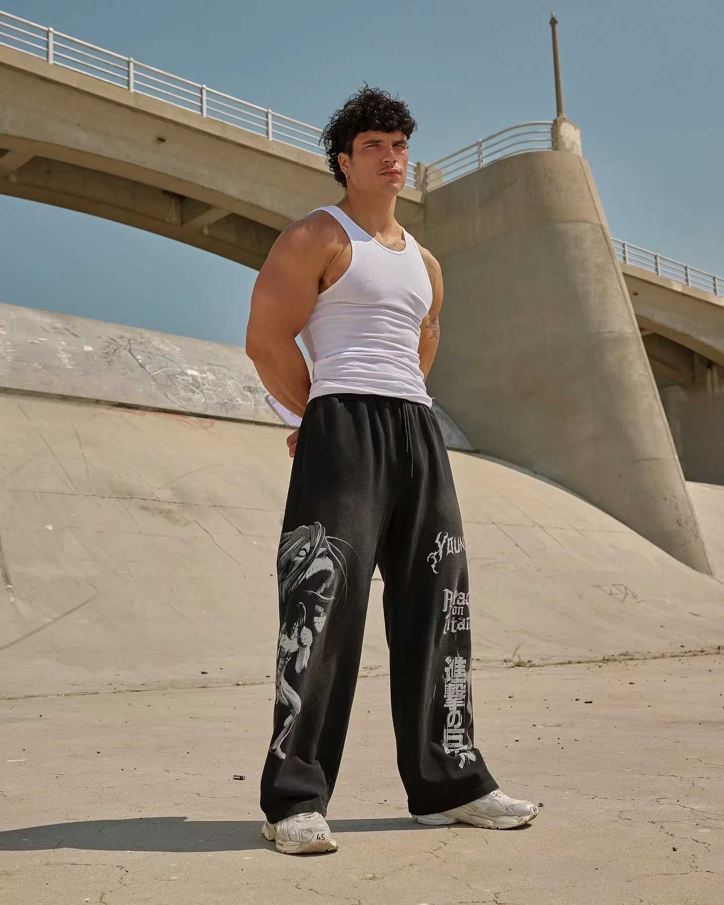 Young American trendy sweatpants collaboration anime joggers cotton terry print wide-leg casual pants hip-hop street pants X2503191