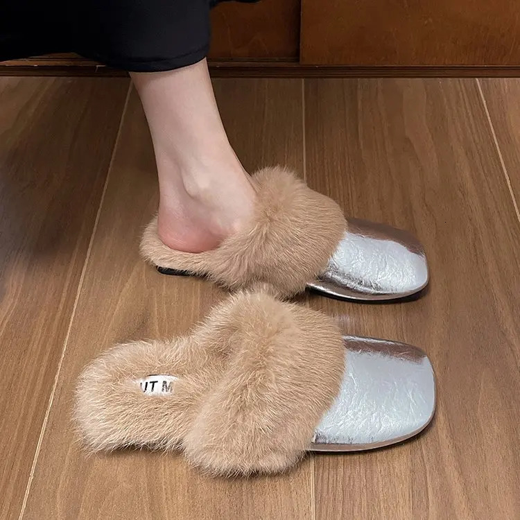 Fur mule shoes womens slippers warm home apartment cotton shoes 2024 winter trend fashionable flip cover casual plush Zapatos women 241213