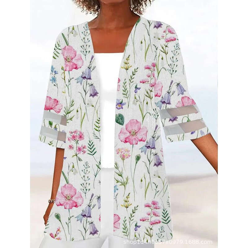 European American Women's Spring and Summer Positioning Printed Mid Sleeve Loose Hemp Small Outer Coat 2024 New Casual Fashion Trendy Clothing