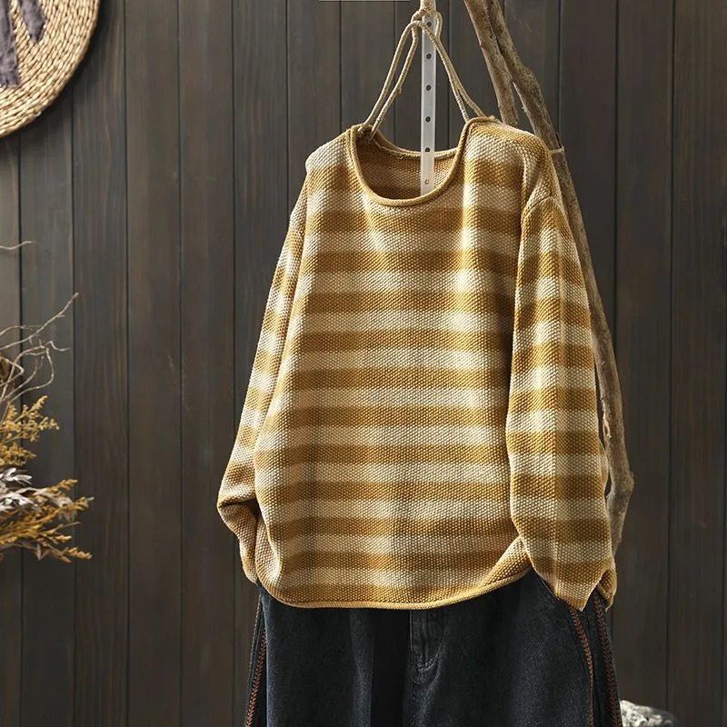 Korean Style Contrasting Color Stripes Ulzzang Loose 2024 Autumn Versatile Knitted Womens Casual Pullovers Top 241211