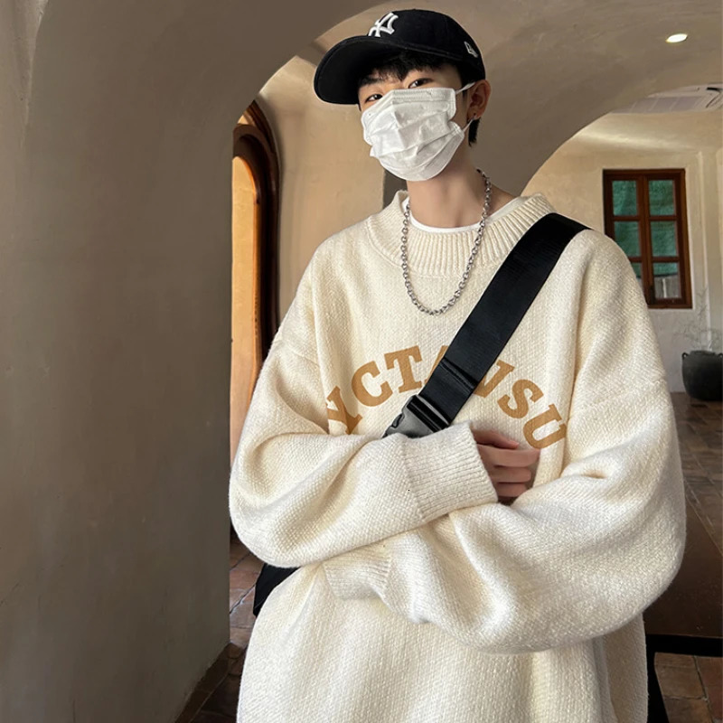 Men's Cozy Japanese Style Letter Knit Sweater - Long Sleeve Pullover For Autumn & Winter