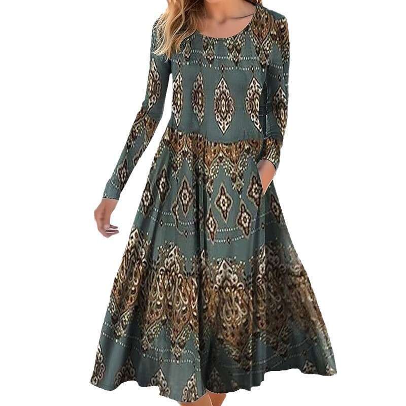 Summer European and American Round Neck Long Sleeve Loose Geometric Pattern Printed Large Pendant Dress 2024 Versatile New Trendy Clothing Ins