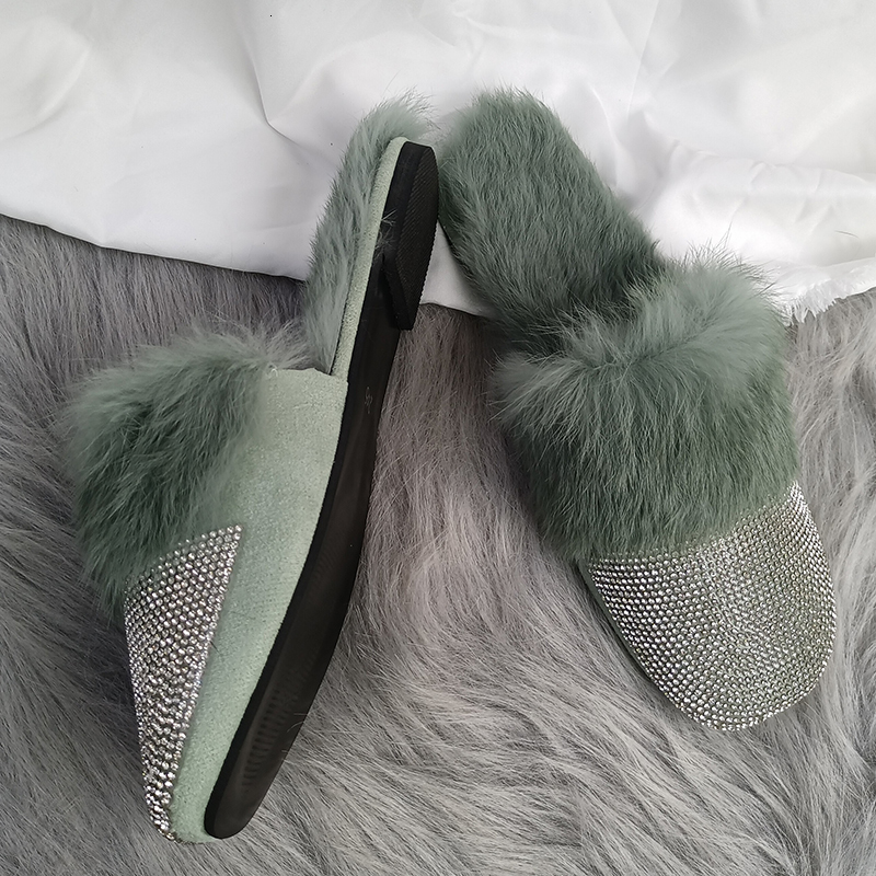 Slippers Ladies House 2023 Rhie Fur Crystal Winter Home Female Outdoor Mules Flats Shoes Slides For Women