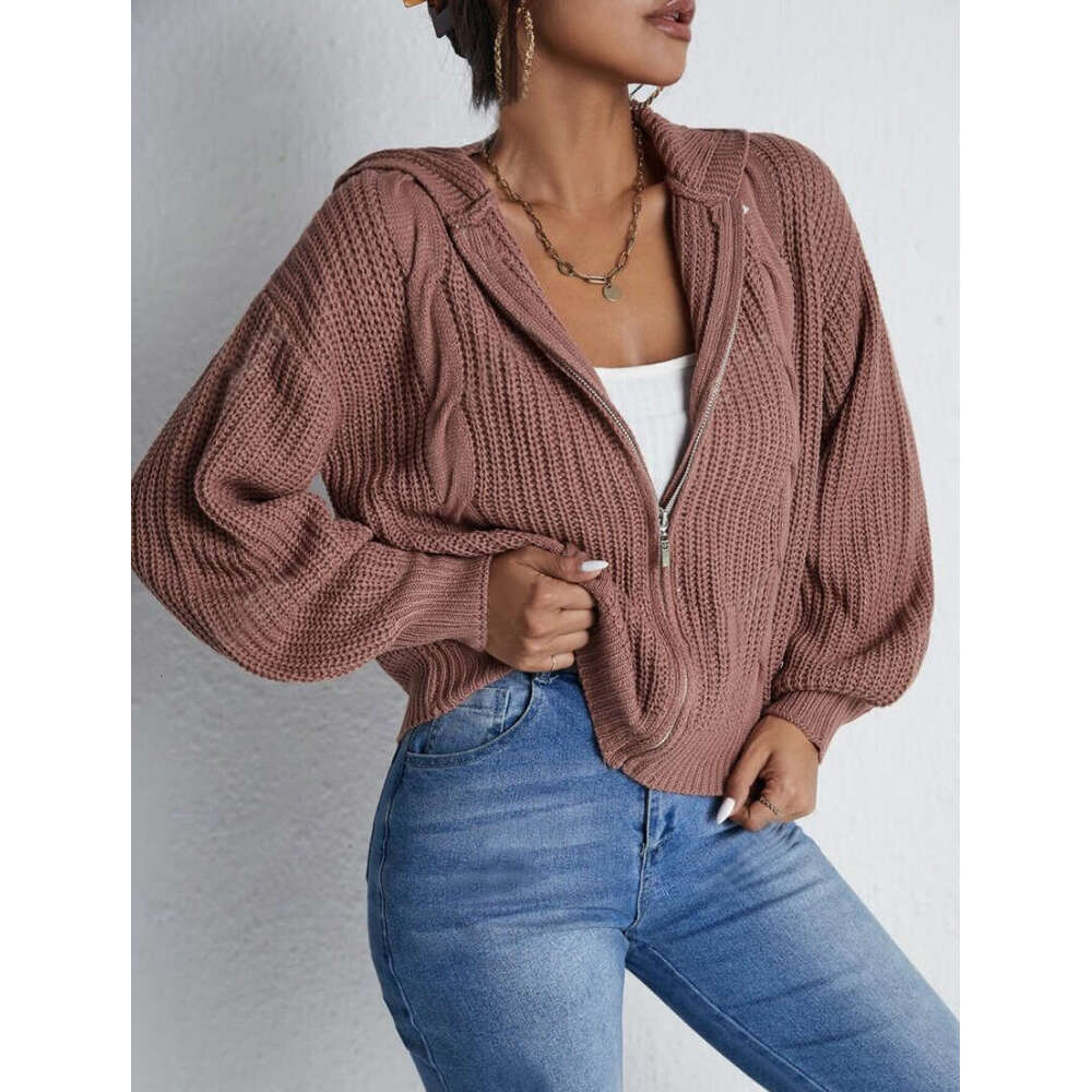 New European American Clothing For Foreign Trade, Women's Autumn And Winter Hooded Cardigan, Knitted Waffle Hoodie Top