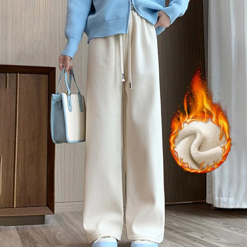 Warm and Thick Corduroy Mens Winter Straight Pants Wide Leg Sports Plush High Waist Casual Womens 241212