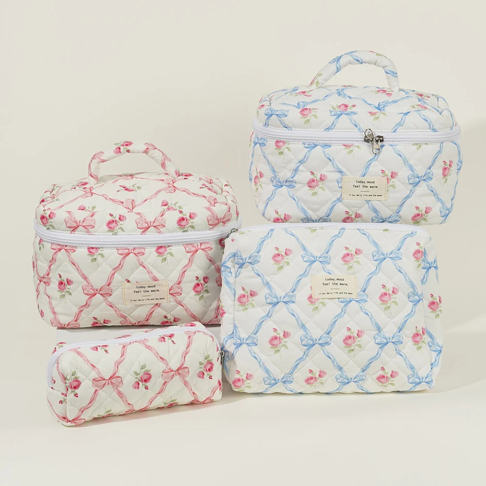 3Pcs Makeup Bag Set Portable Cosmetic Pouch Large Capacity Quilted Coquette Toiletry Bag Aesthetic Cotton for Travel Vacation 241212