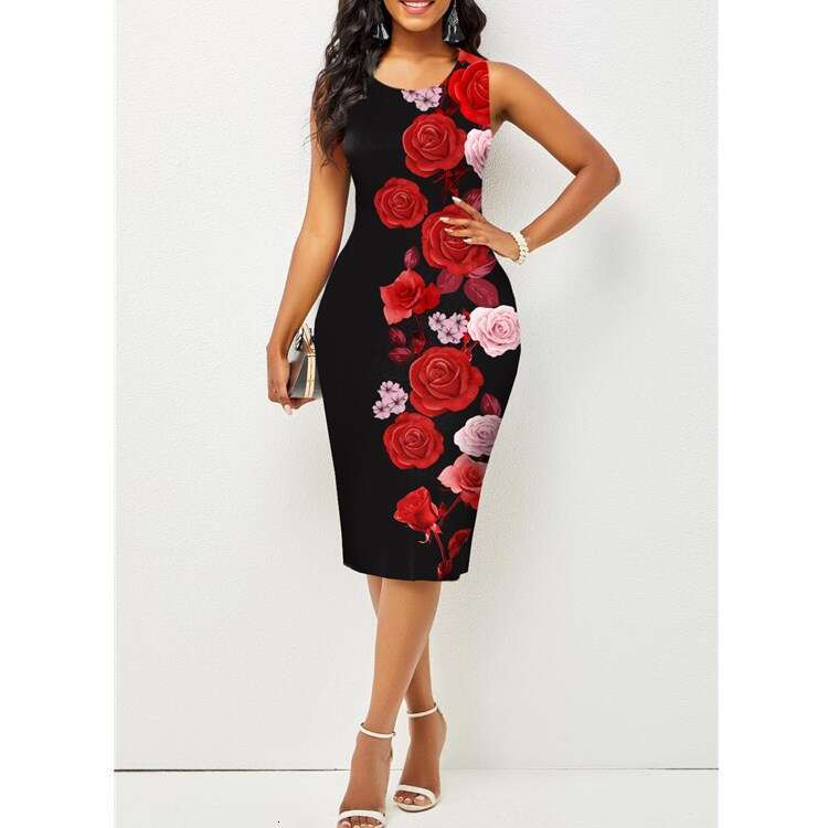 European American Spring Summer Sleeveless Bag Hip Printed Dress for Women's Wear 2024 New Style Stylish and Elegant Clothing