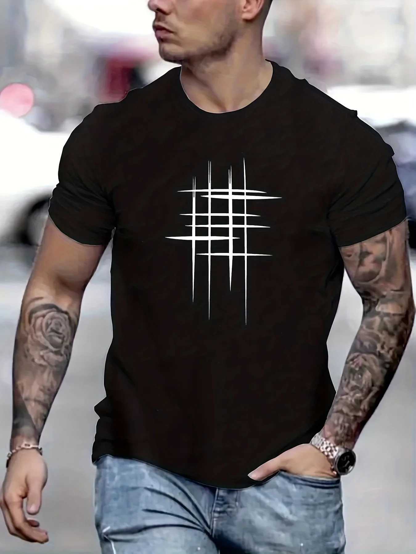 Summer Mens 00% Cotton Casual Loose Size Graphic Line Print Round Neck Short Sleeve T-shirt Top W250607